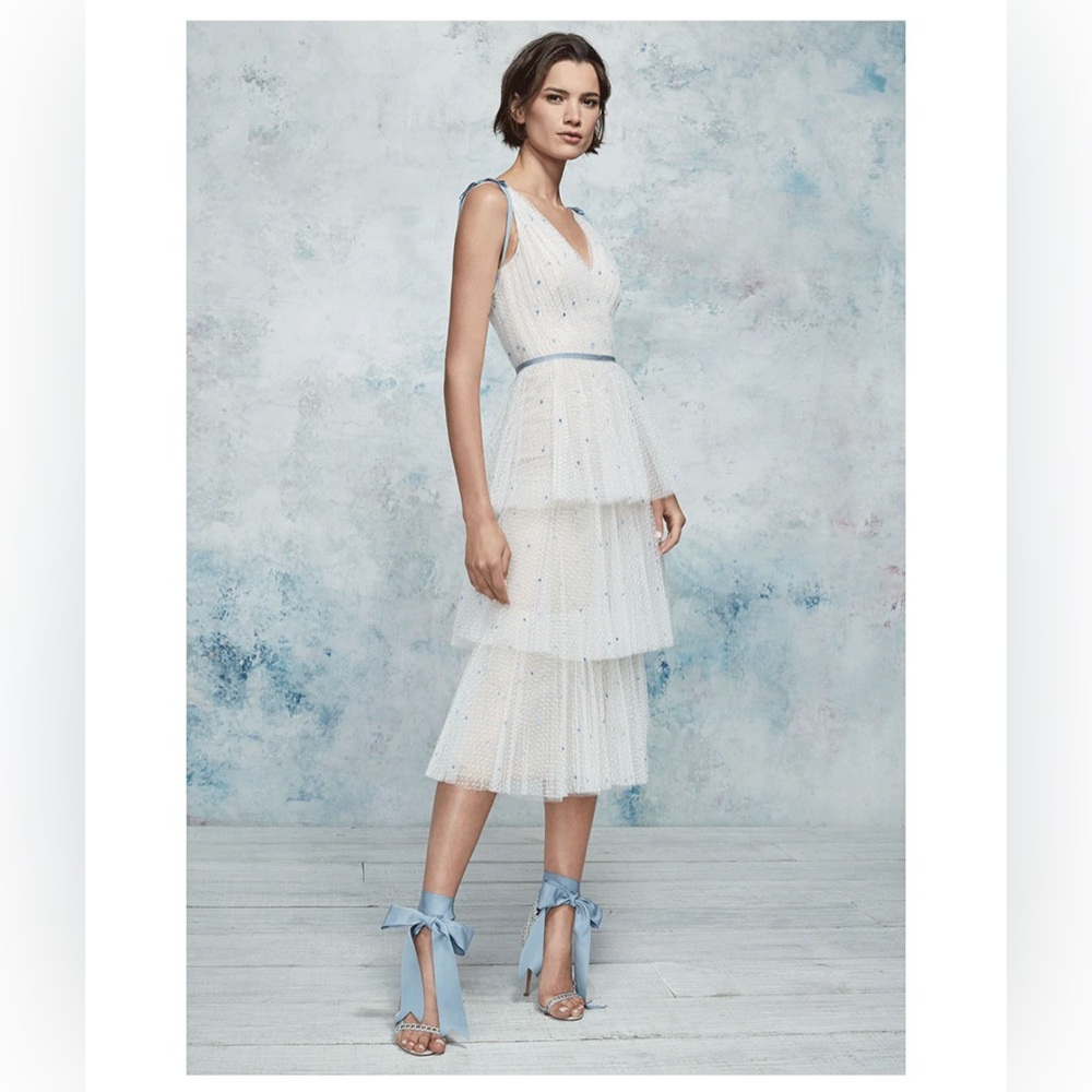 Marchesa Notte NWT - white ruffle dress with embroidered light blue polka dots - Picture 2 of 7
